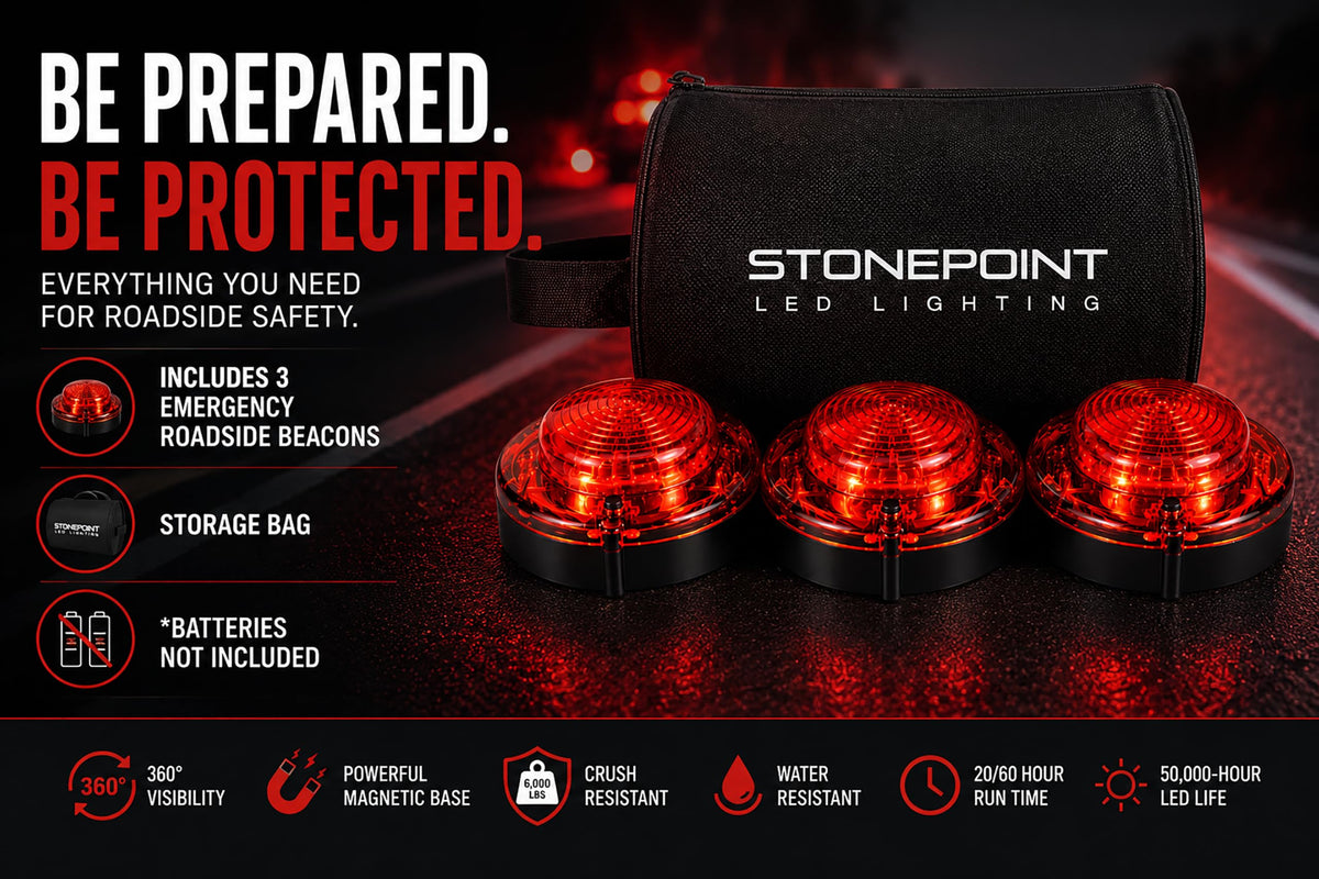 StonePoint LED next to a hand for size comparison demonstrating compact portability