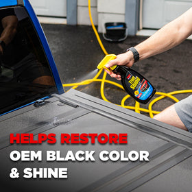 Stoner Car Care before and after bumper showing restored black finish
