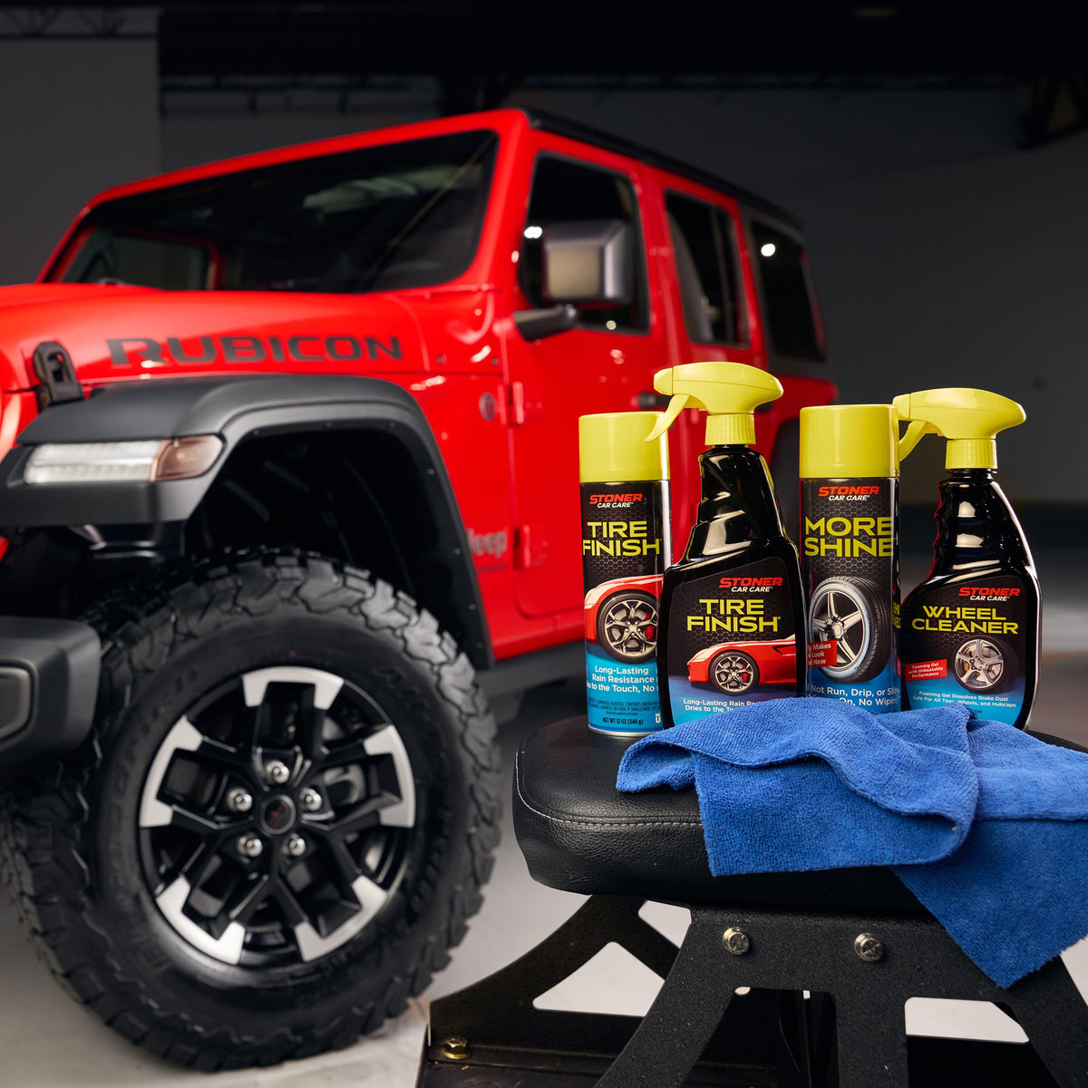 Stoner Car Care can beside wheel showing 12 oz scale and quick-application benefit
