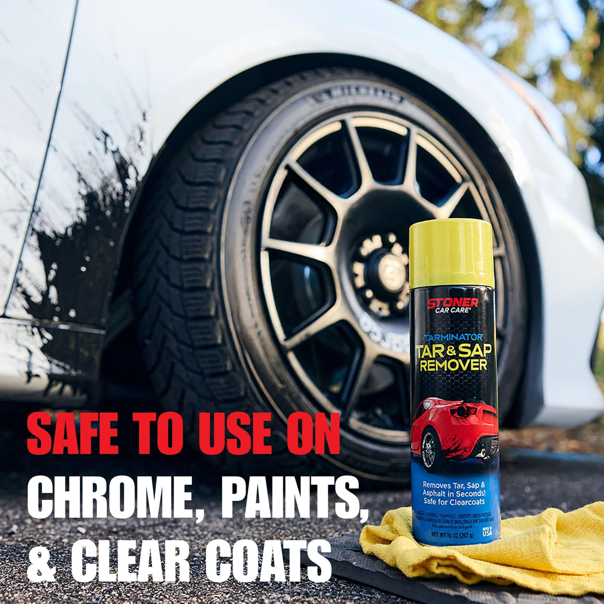 Stoner Car Care Tarminator label close-up highlighting clear coat safe formula