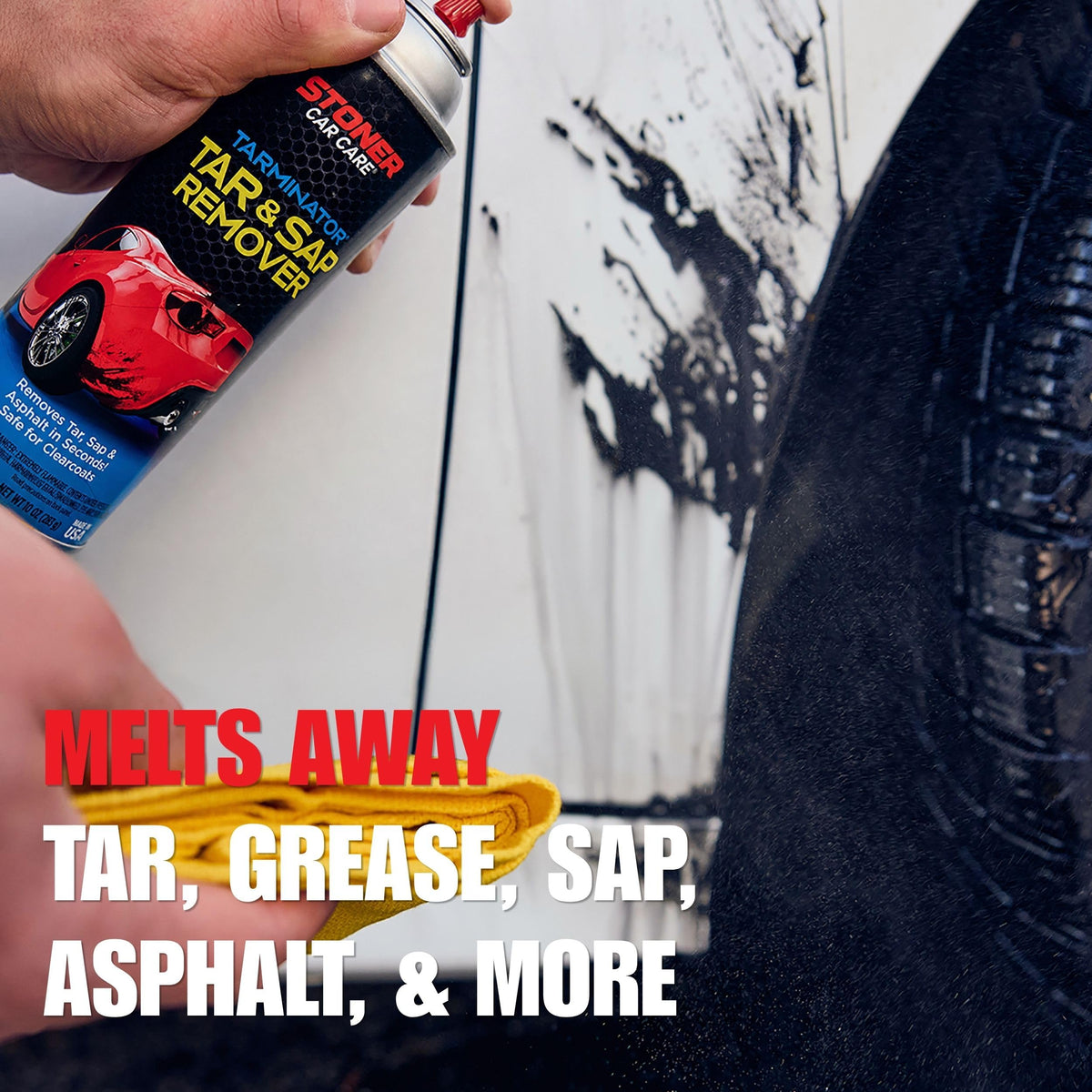 Stoner Car Care Tarminator being wiped off painted panel to restore smooth finish