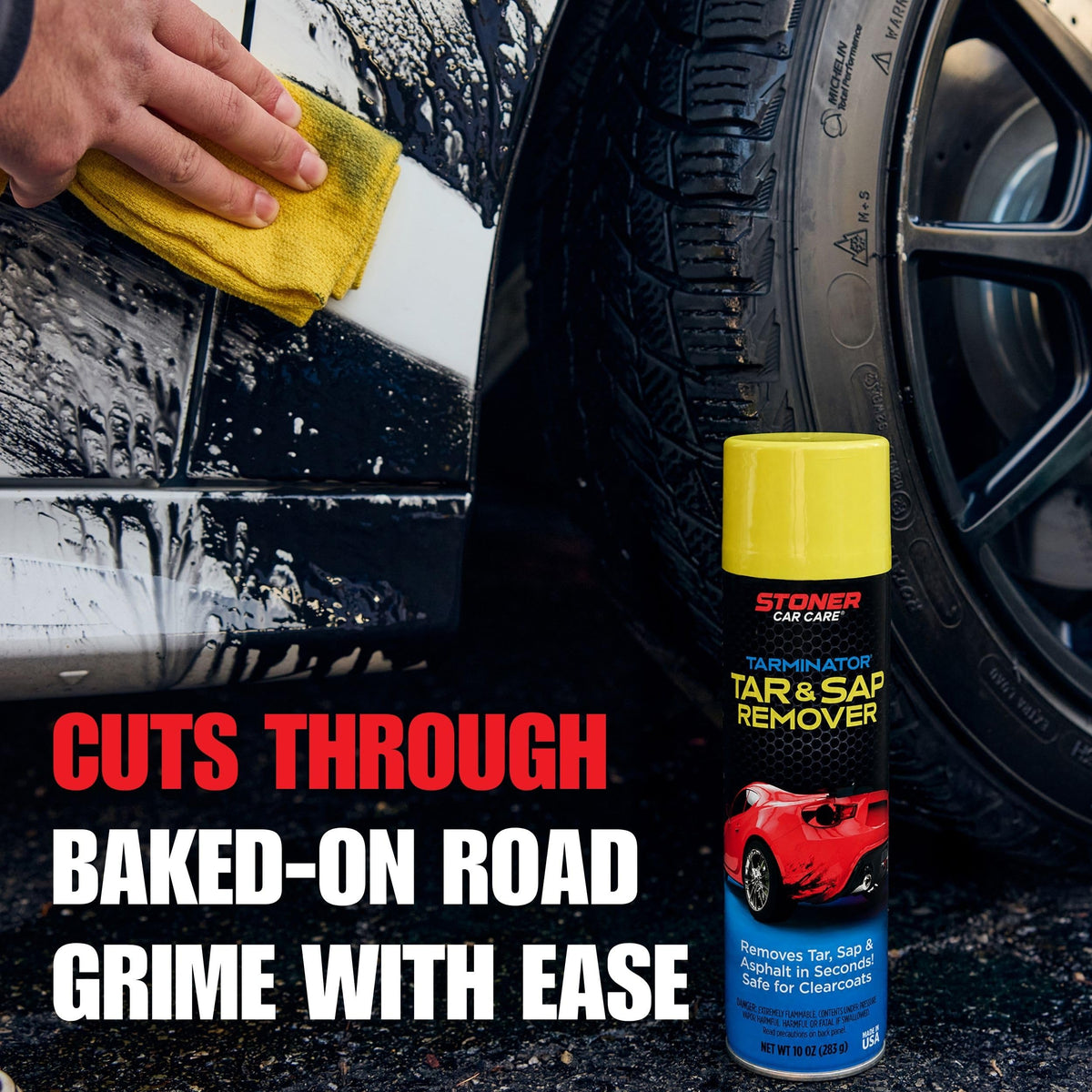 Stoner Car Care spraying Tarminator on bumper to dissolve tar