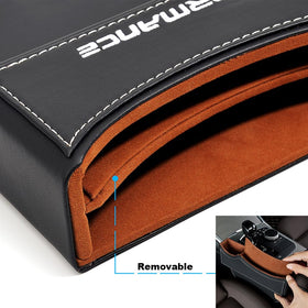 Storage Box Seat Gap Filler with packaging and warranty card showing reassurance benefit