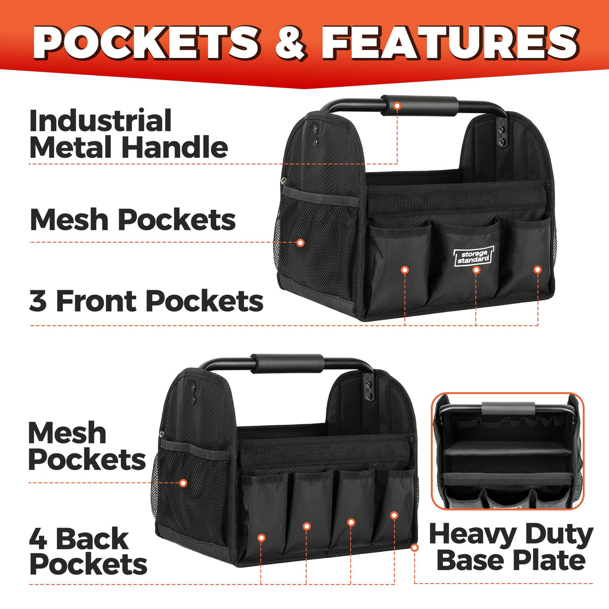 Storage Standard side mesh pocket holding spray bottles for fast access