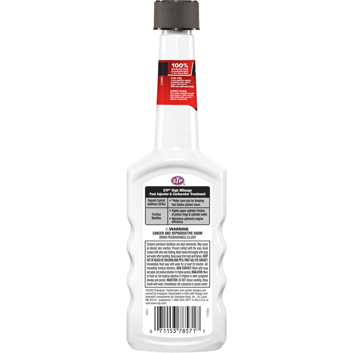 STP back label with directions and ingredient information visible