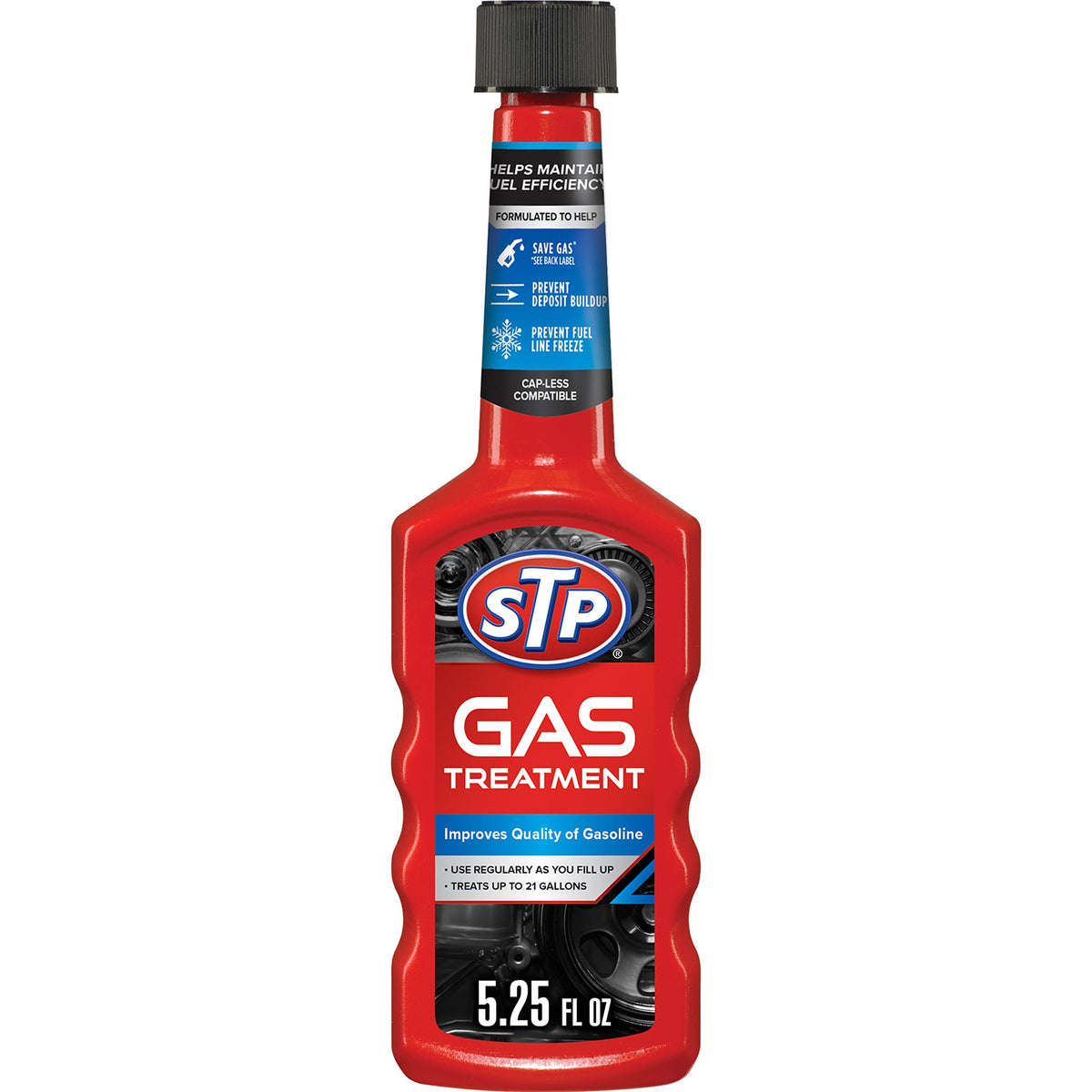 STP bottle front view offering reliable fuel cleaning benefit