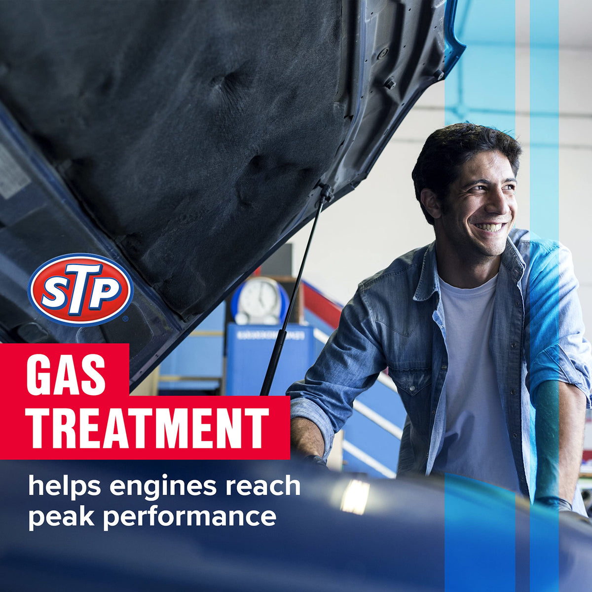 STP bottle on garage workbench illustrating preventive car care