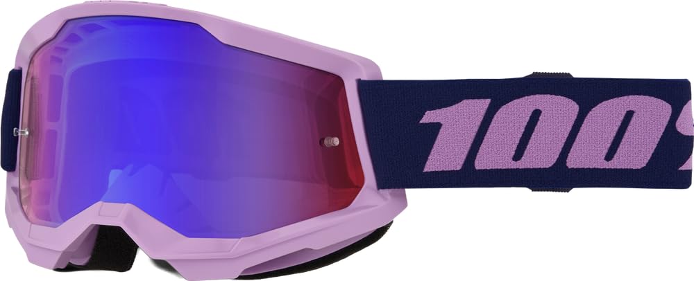 STRATA goggle front view showing purple frame and red/blue mirror reducing glare