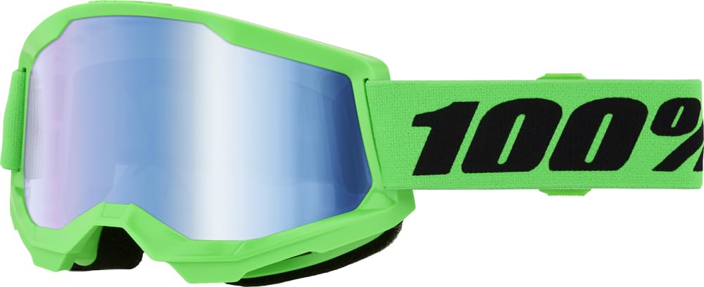 STRATA 2 goggle front view showing neon green frame and blue mirror lens for glare reduction