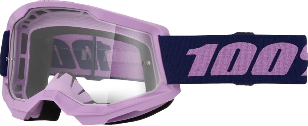 STRATA 2 goggle purple front view showing clear lens and helmet compatibility
