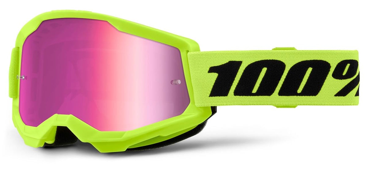 STRATA 2 goggles front view showing neon yellow frame and pink mirror lens, high-visibility benefit