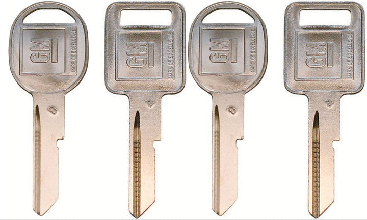 Strattec front view of four uncut GM logo keys showing two A and two B blanks, reliable fit