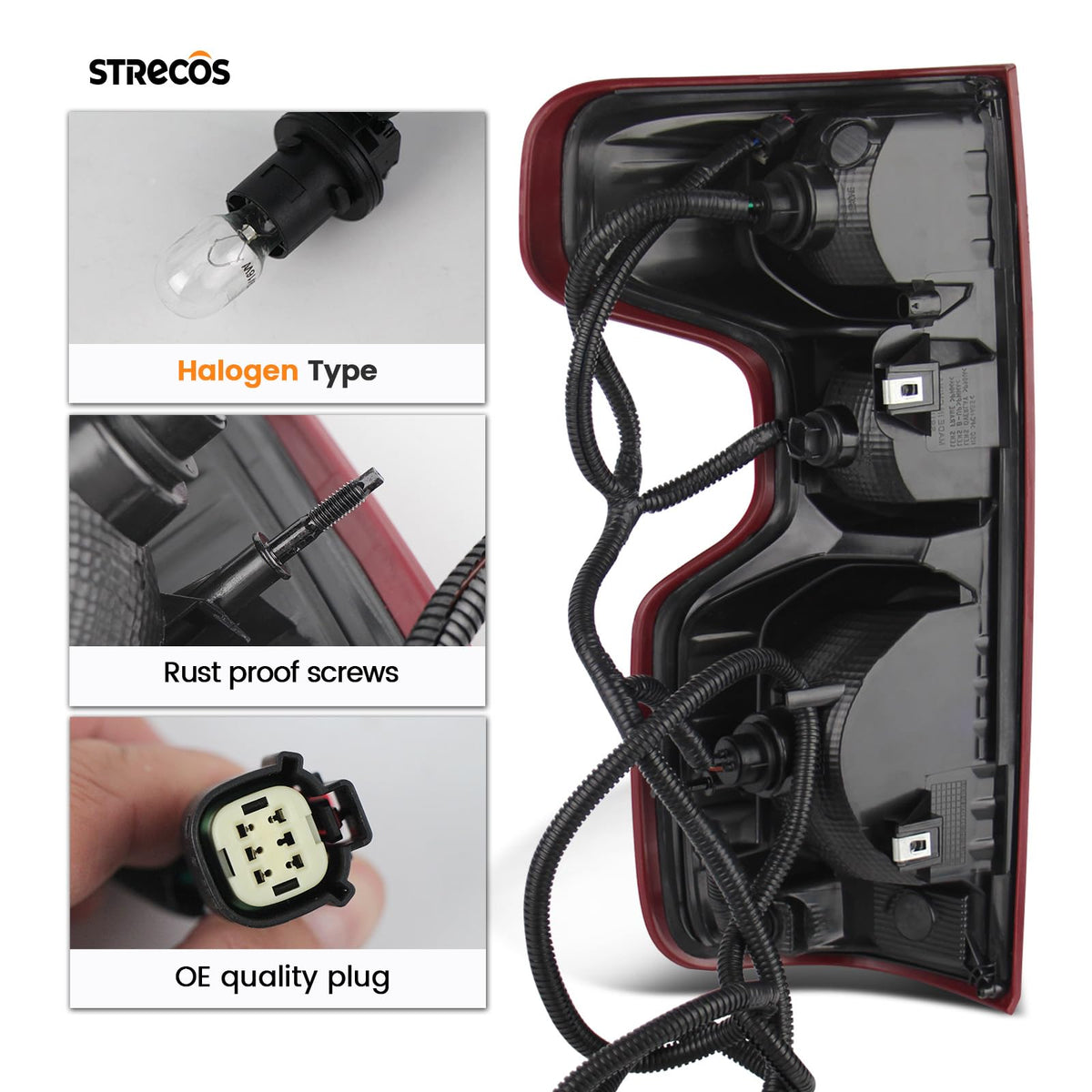 STRECOS tail light backside with bulb and harness connector for easy install