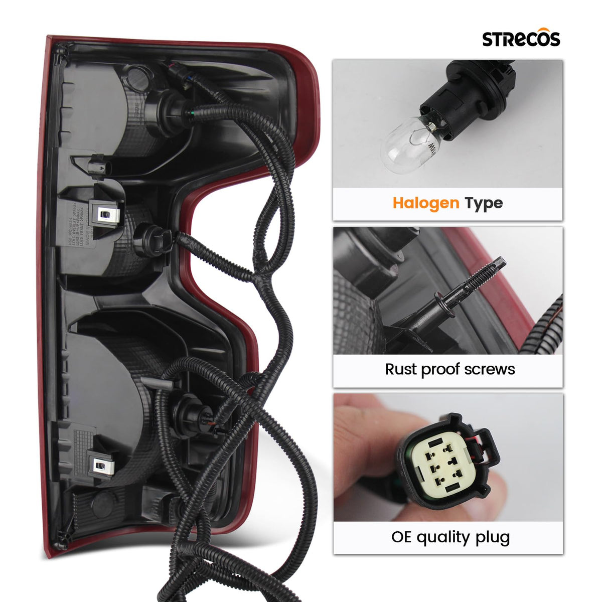 STRECOS tail light rear view with plug and harness for easy connection