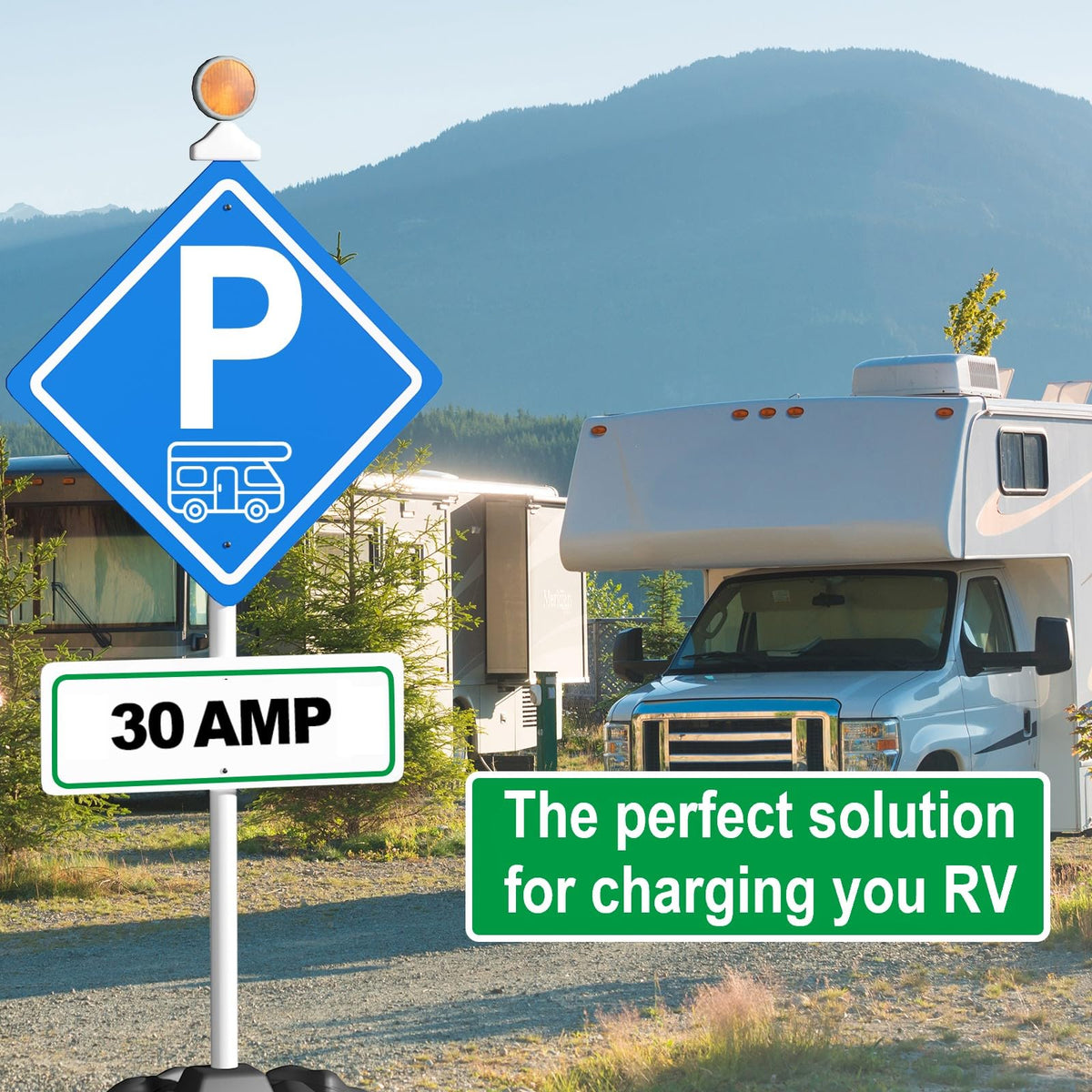 STRIGHT RV cord plugged into campsite pedestal illustrating reliable outdoor power