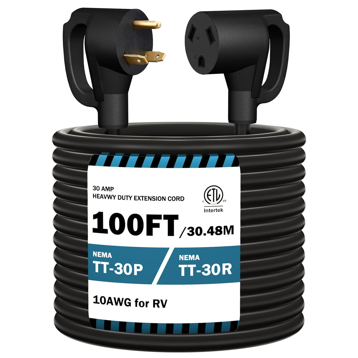 STRIGHT front view of 100ft RV cord showing connectors and visible jacket for safety