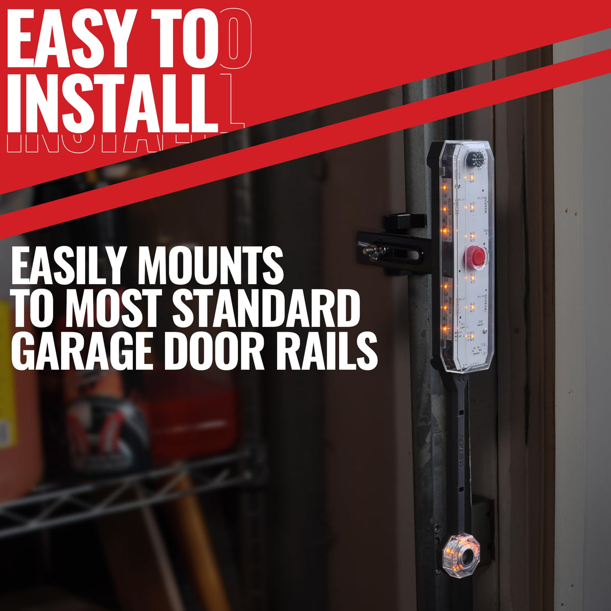 Striker mounted on garage door track guiding car into safe parking alignment