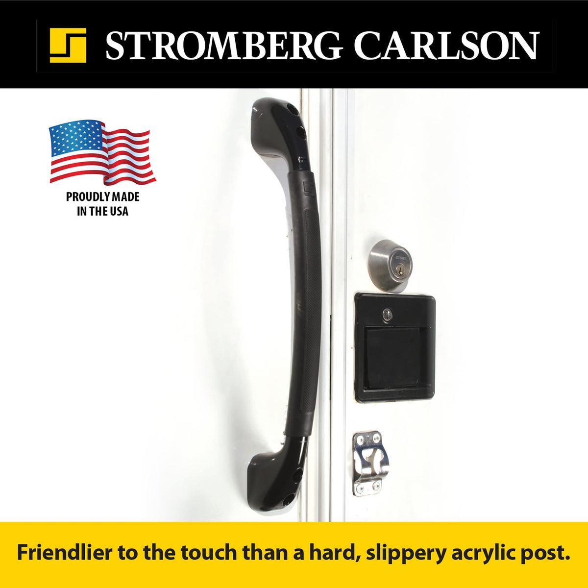 Stromberg Carlson lifestyle image of camper entry with handle aiding safe outdoor access
