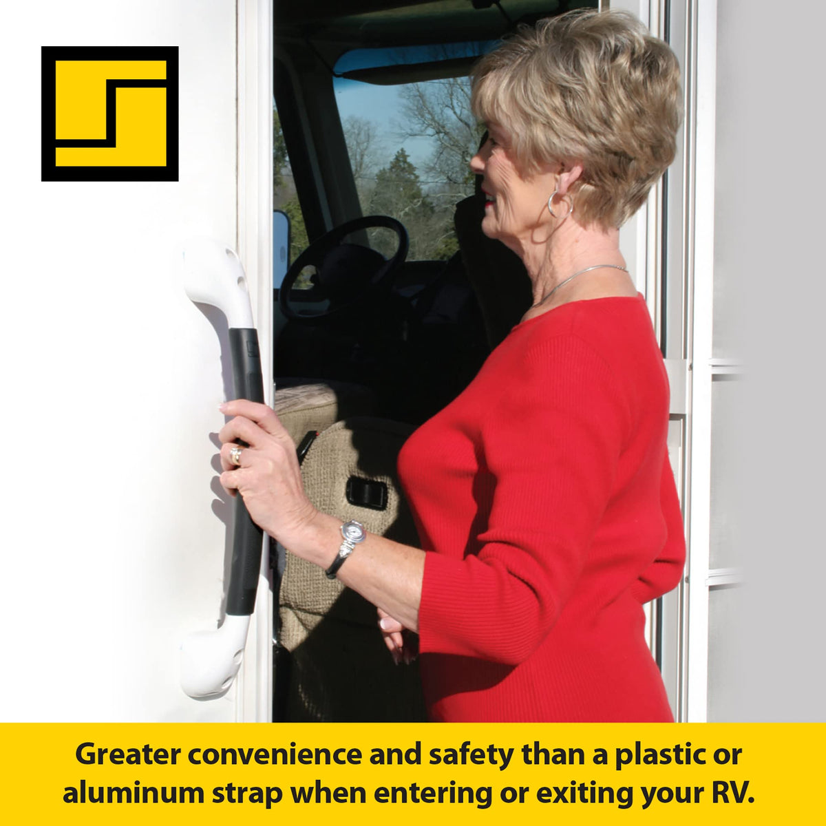 Stromberg Carlson grab bar mounted on RV steps offering stable support while entering