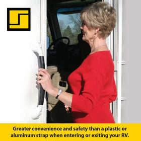 Stromberg Carlson grab bar mounted on RV steps offering stable support while entering