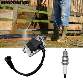 Strongthium ignition coil installed on mower engine demonstrating restored starting