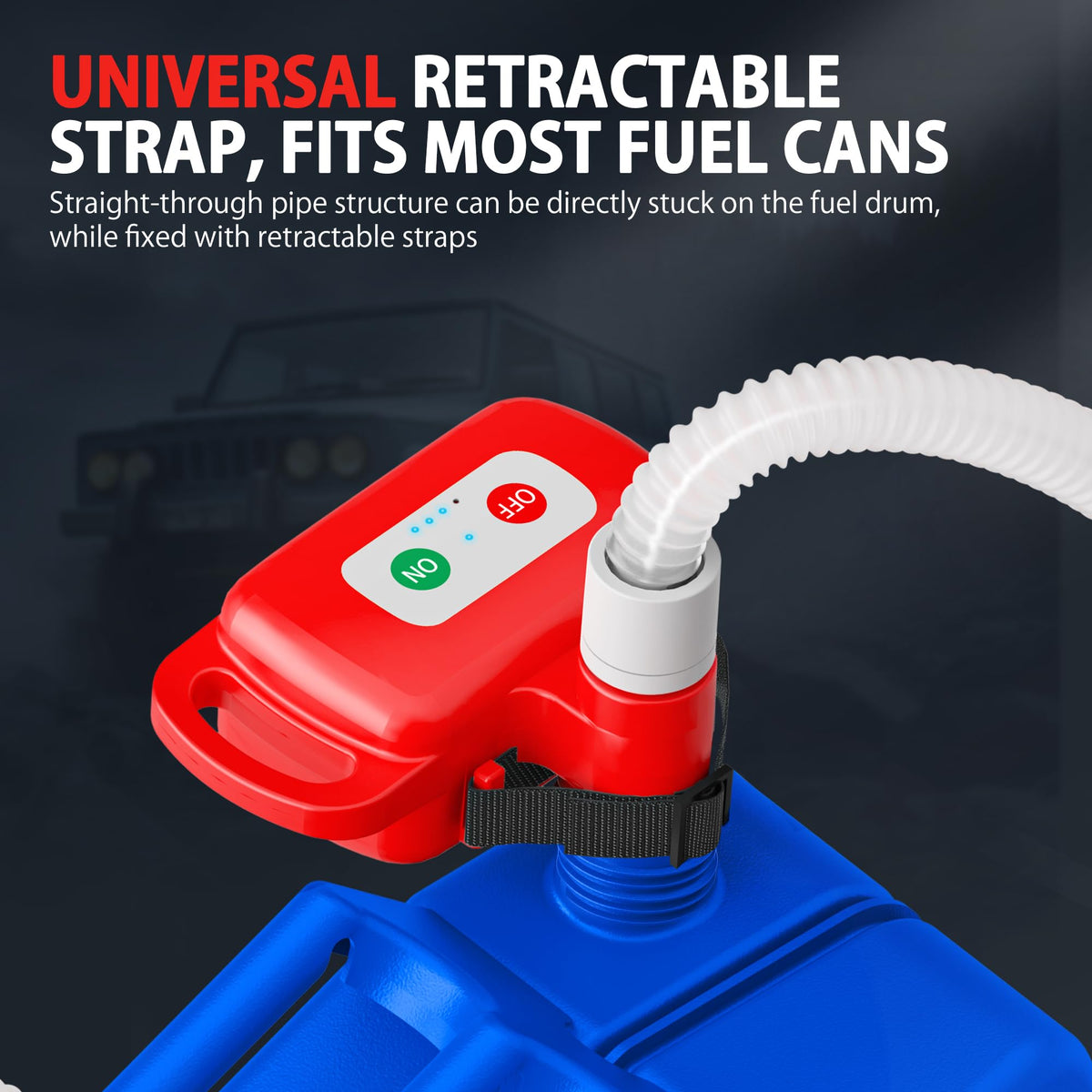 STRONIX pump next to standard gas can demonstrating compact size and fit