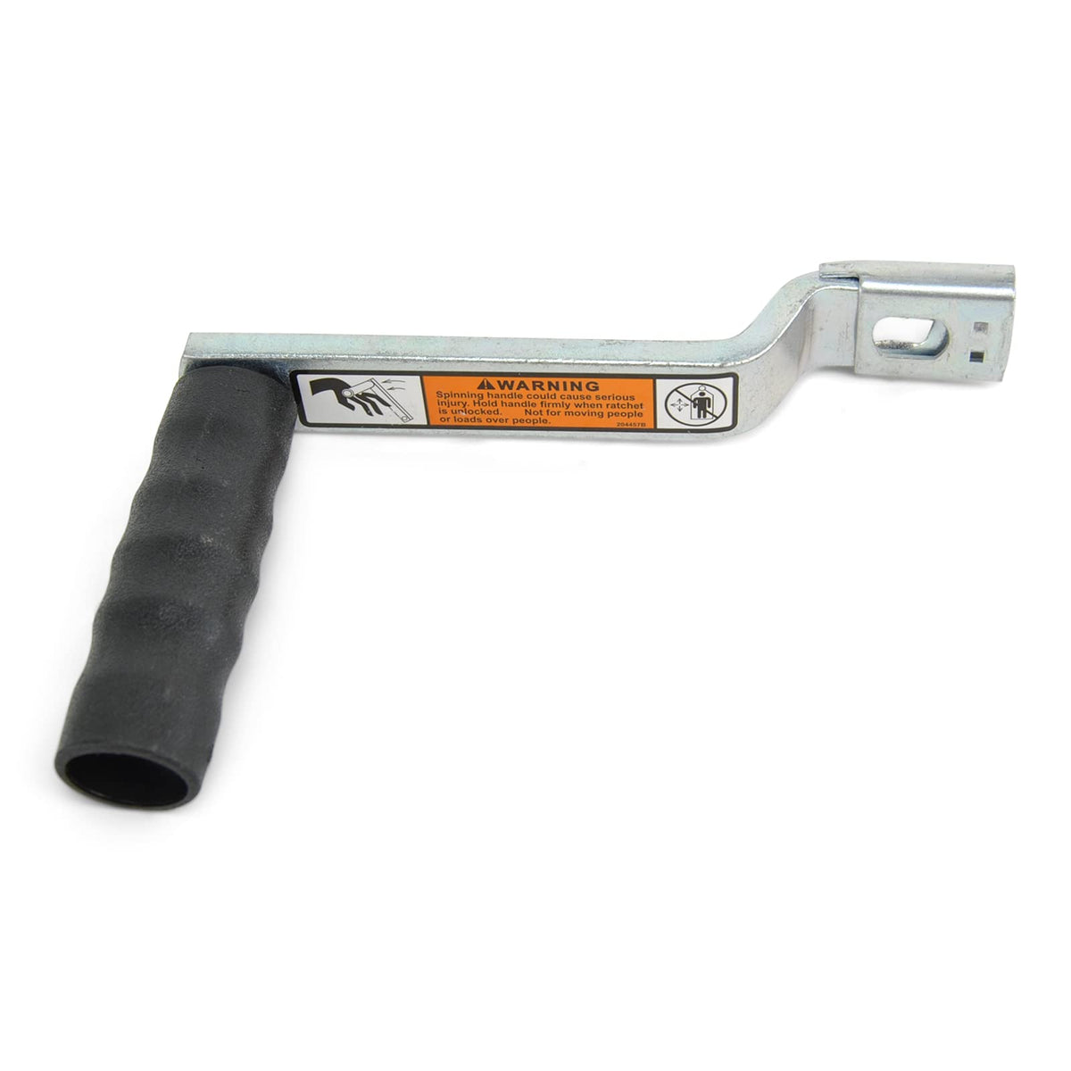 Sturdy Built handle installed on winch demonstrating offset keeps hands clear and improves safety