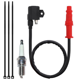 Stylemafia front view of ignition coil and spark plug kit showing complete contents and fit
