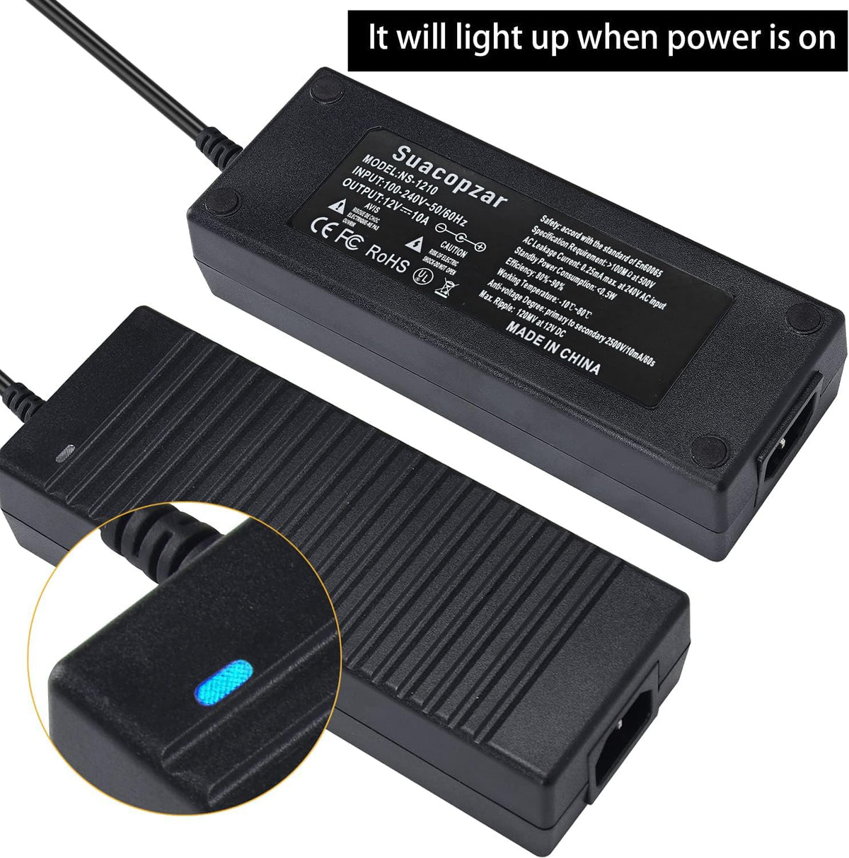 suacopzar side view with grounded AC plug and clear product label benefit