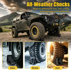 Suacopzar two wheel chocks placed behind a trailer tire for extra security