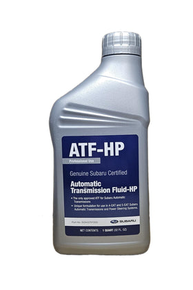 Close-up of Subaru SOA427V1500 bottle label showing fluid type and easy-pour spout benefit