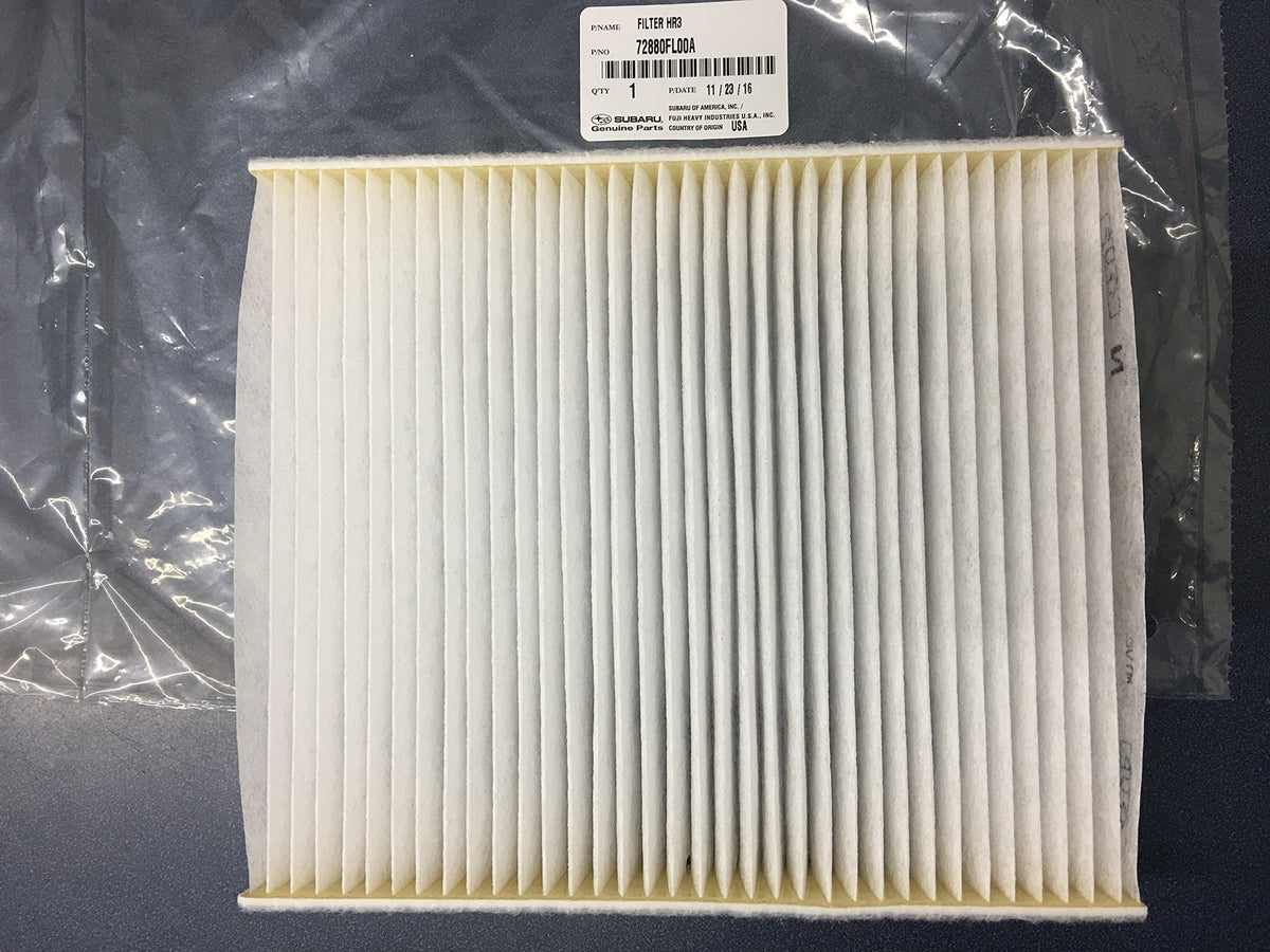 Subaru cabin air filter front packaging showing OEM part 72880FL00A and fitment benefits