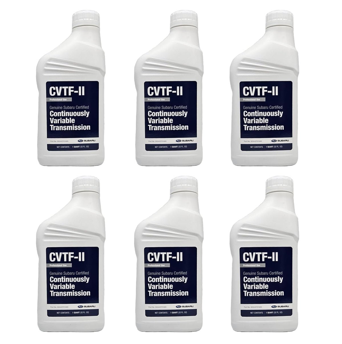 Subaru CVTF-II front packaging showing six-quart pack and clear OEM label benefit correct fit