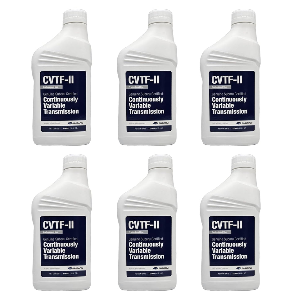 Subaru CVTF-II front packaging showing six-quart pack and clear OEM label benefit correct fit