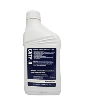 Subaru CVTF-II bottle in service near a Subaru vehicle showing proper OEM fluid use benefit