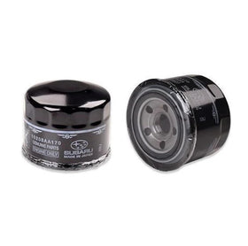 Subaru oil filter installed under hood demonstrating correct OEM installation