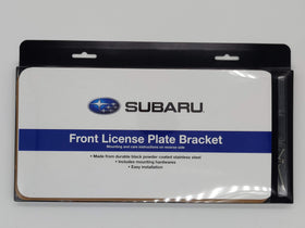 Subaru front license plate bracket packaging showing kit contents and easy install