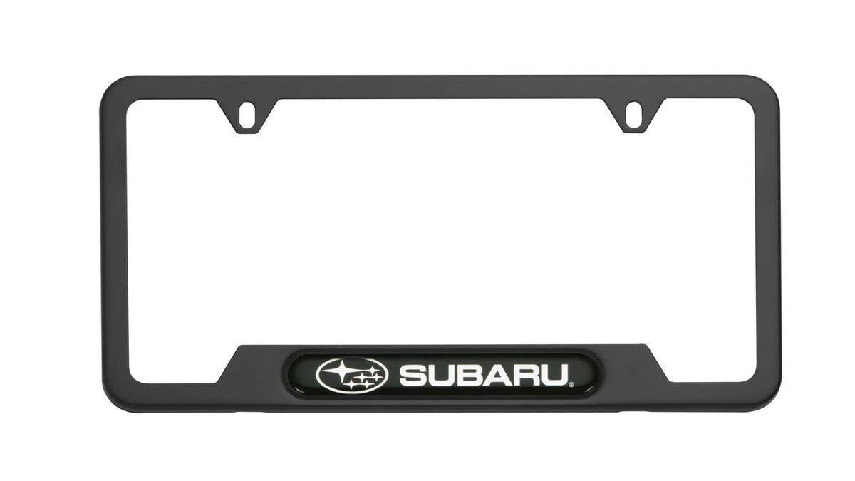 Subaru matte black license plate frame front view showing clean OEM look