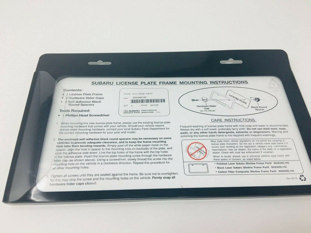 Subaru license plate frame installed on bumper showing tidy finish