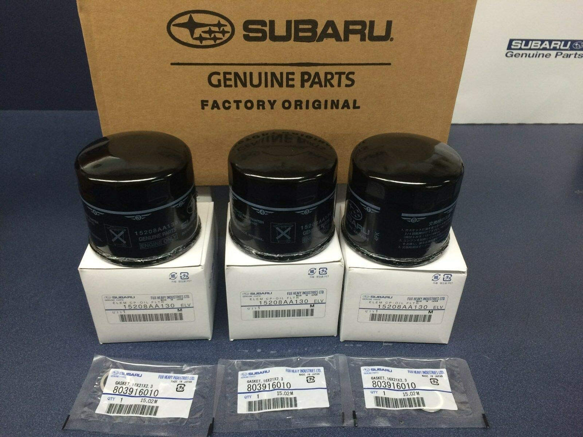 Subaru oil filter front view showing part number and OEM seal for proper fit
