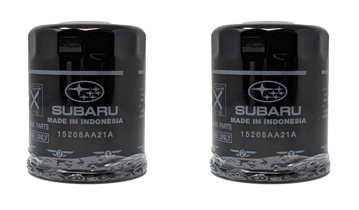 Subaru oil filter front packaging showing part number 15208AA21A, assures OEM fit