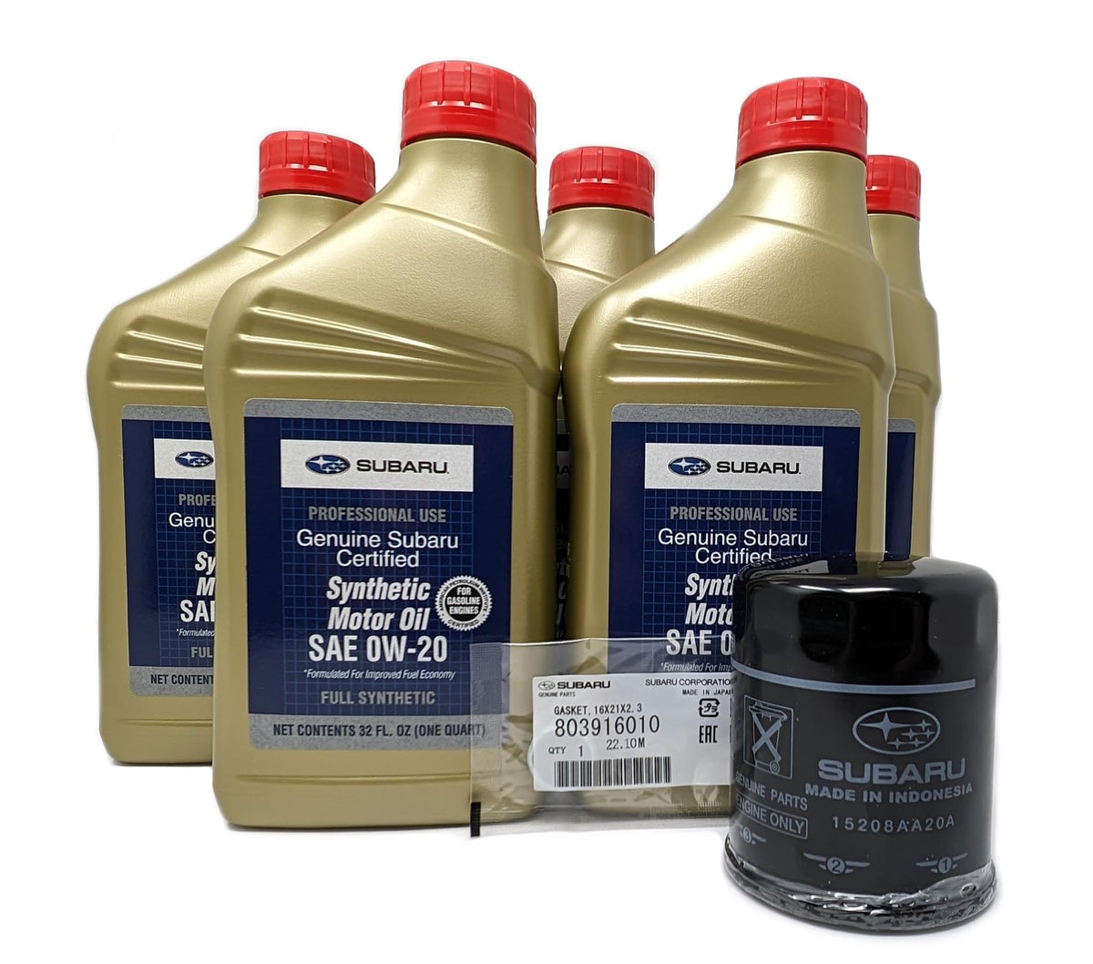 Subaru oil change kit front packaging showing filter, gasket, and 0W-20 oil for correct fit