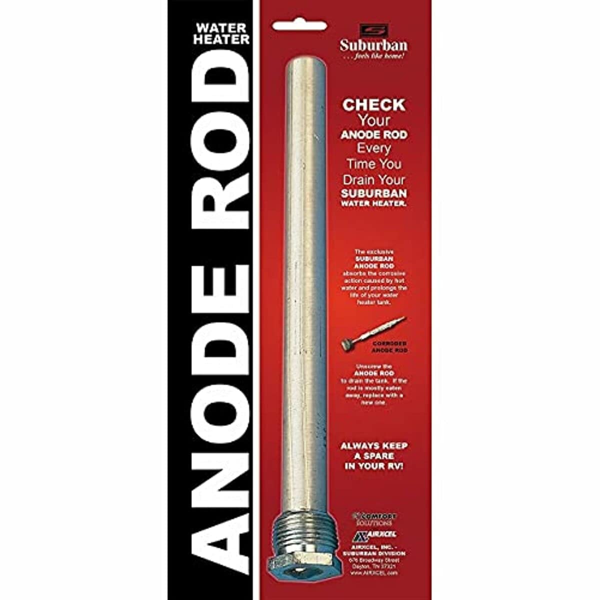 Suburban anode rod cutaway revealing stainless steel core for durability