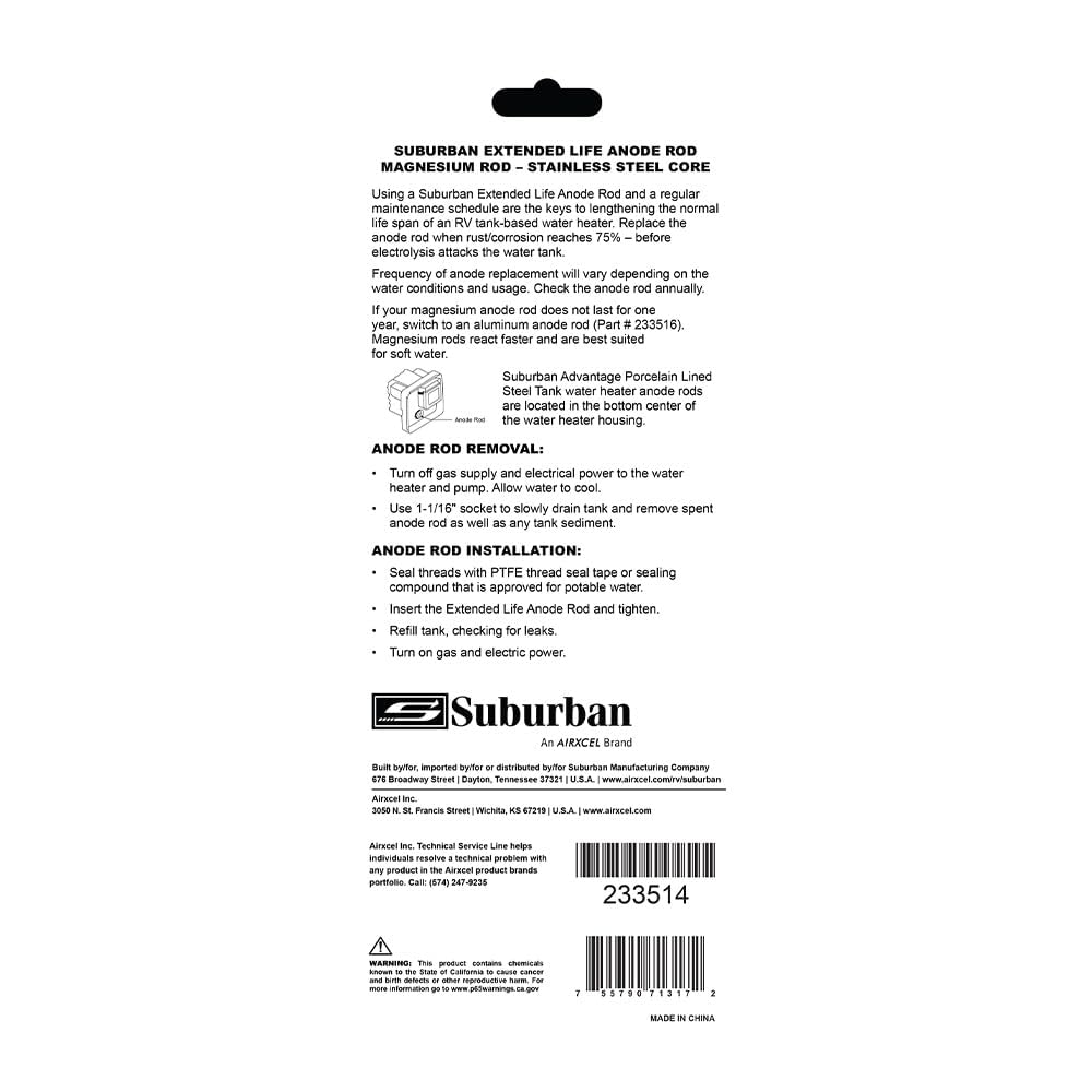 Suburban anode rod front view showing 9 inch length and 3/4 inch thread for easy fit