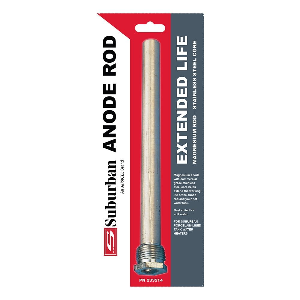 Suburban anode rod installed in RV water heater showing correct fit and extended tank life