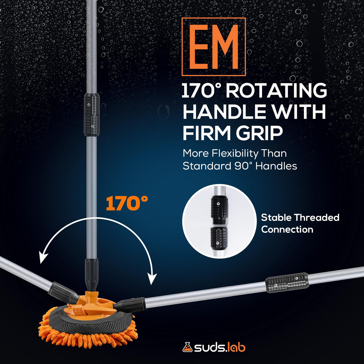 suds.lab telescopic pole fully extended to 58 inches for high roof reach benefit