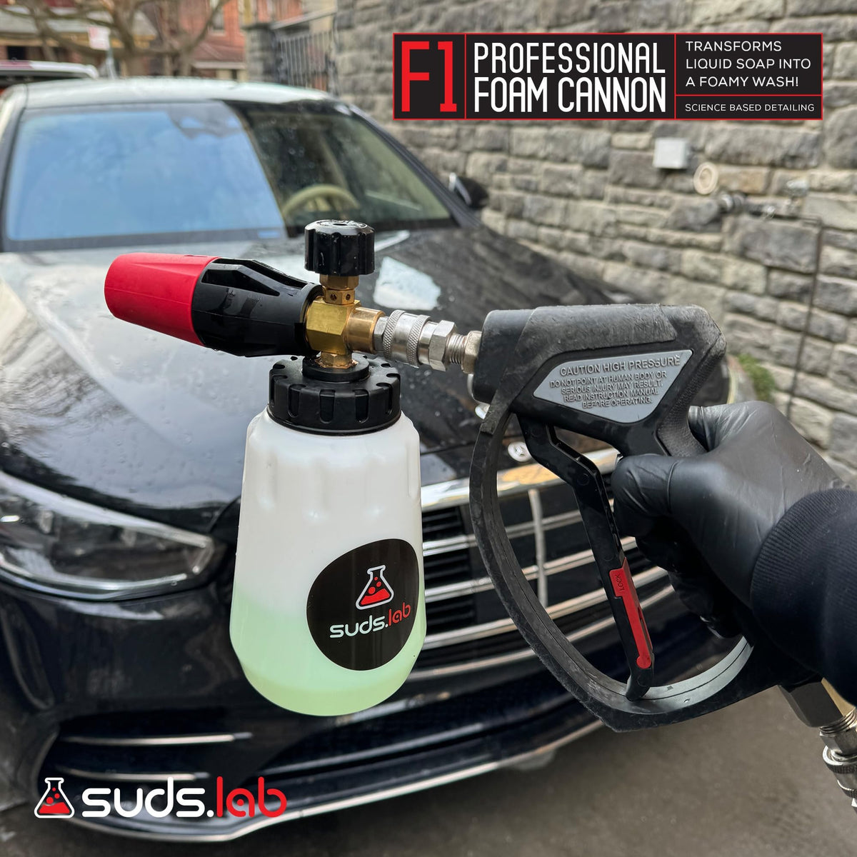 suds.lab quick-connect fitting secured to pressure washer for fast setup