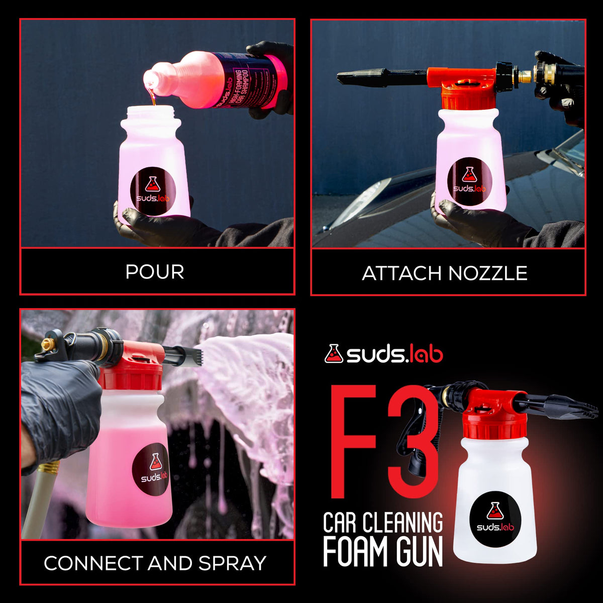 suds.lab F3 being used in driveway indicating safe home car washing