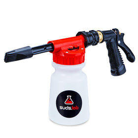 suds.lab foam gun beside car wheel to show size and practical scale