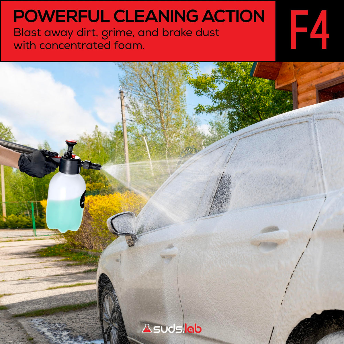 suds.lab foamy cleaner covering car wheel to lift brake dust effectively